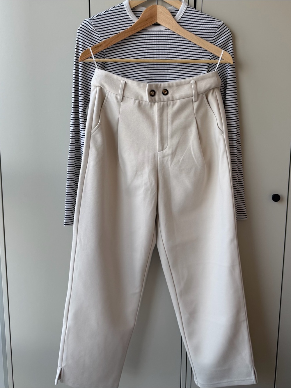 Classic Women’s Off White Pleated Trousers w/ Crew Neck Striped Long Sleeve Top